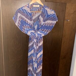 Josa Tulum Dress OS Womens Blue Kaftan Drape Maxi / Midi Boho‎ Geometric